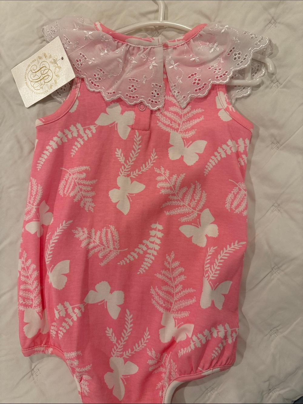 TBBC NWT - 6-12 months Pink Butterfly Fern Romper with Eyelet Ruffle Collar - Picture 3 of 3